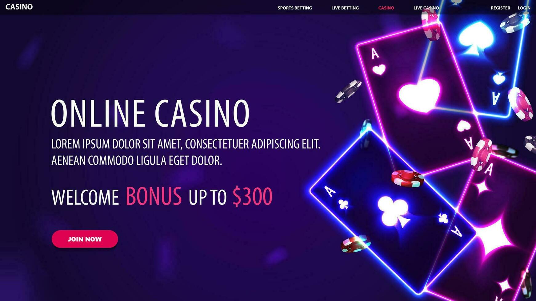 en ligne casino, bannière pour site Internet avec offre, néon casino en jouant cartes et poker frites sur bleu Contexte vecteur