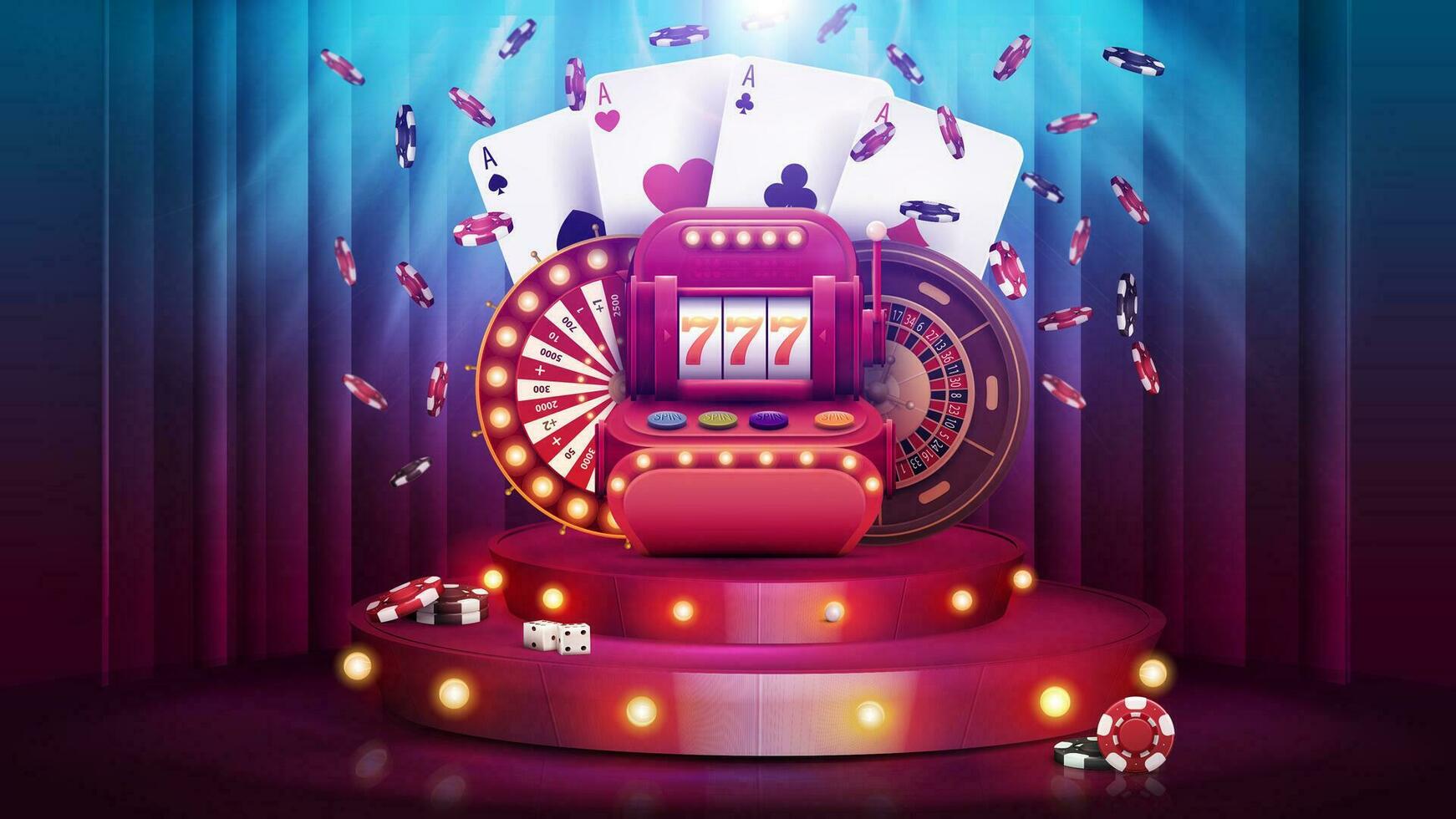 rouge dessin animé podium avec casino éléments et ampoules lumières. vecteur