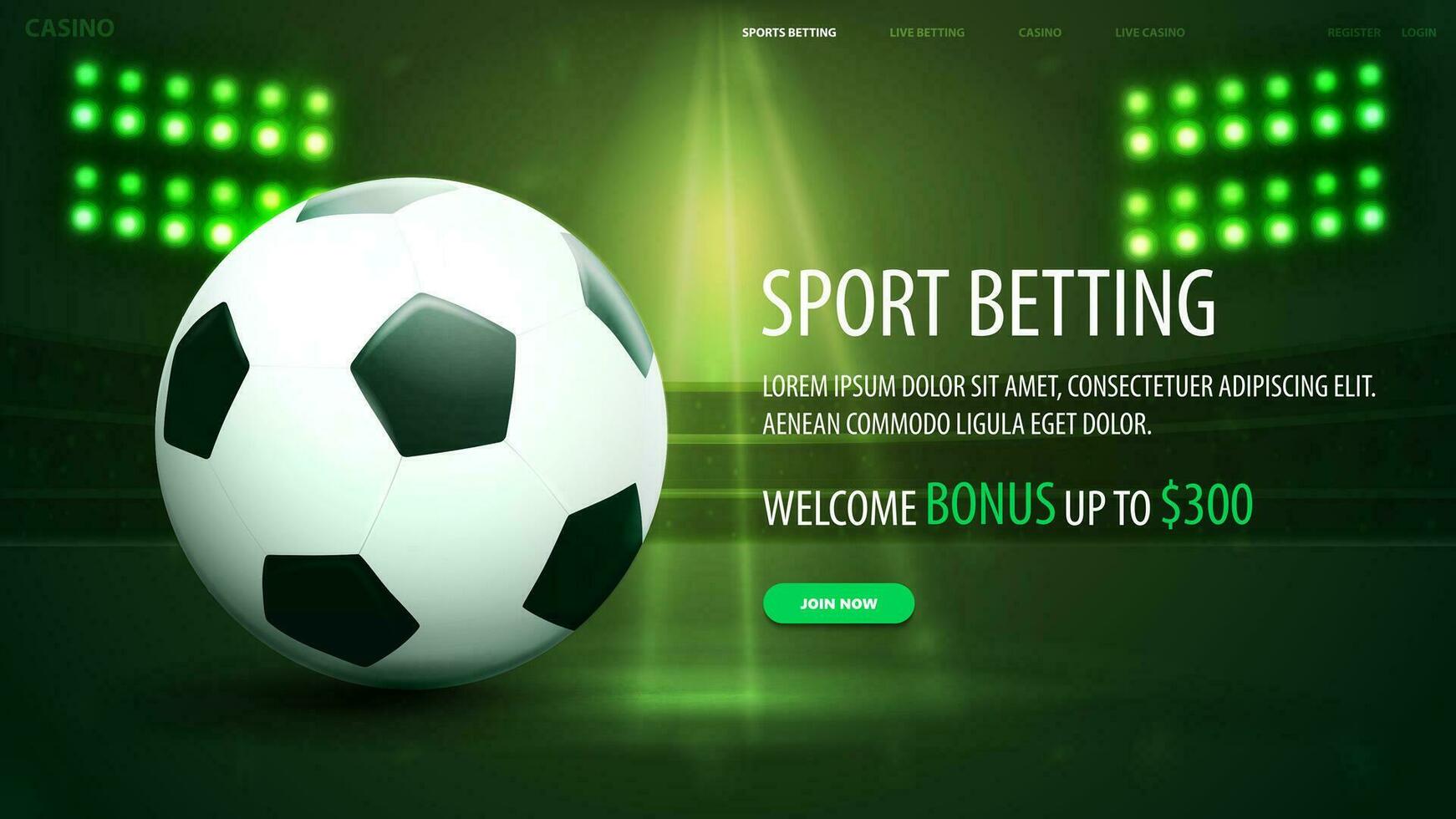 des sports pari, Bienvenue prime, vert bannière avec sport Football Balle sur stade avec projecteur vecteur