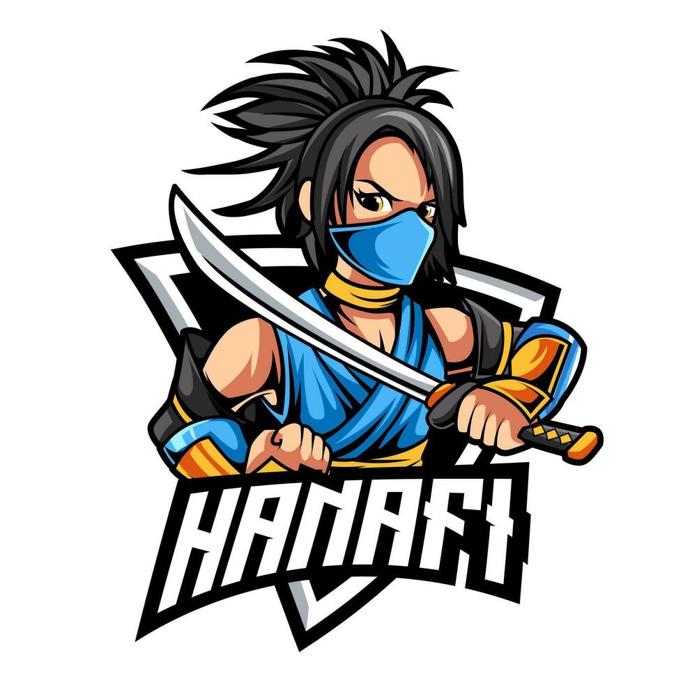 femme ninja e sport logo mascotte conception vecteur