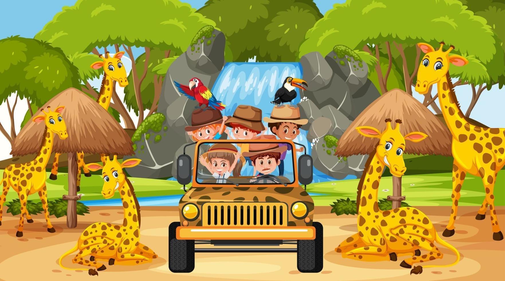 visite pour enfants dans une scène de safari avec de nombreuses girafes vecteur