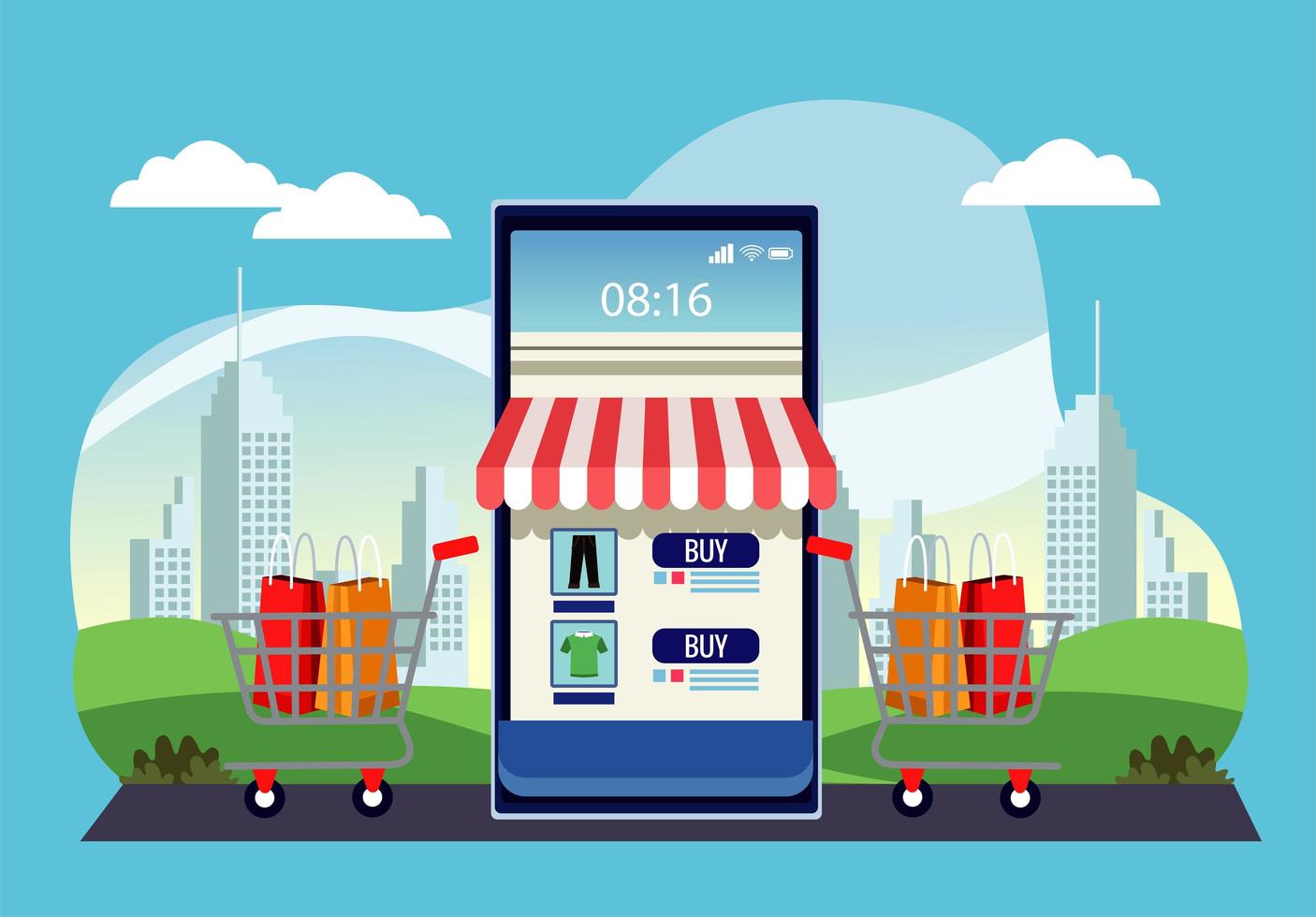 technologie d'achat en ligne avec façade de magasin sur smartphone et chariots vecteur