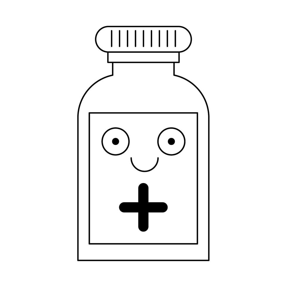 dessin animé mignon de bouteille de médicament en noir et blanc vecteur