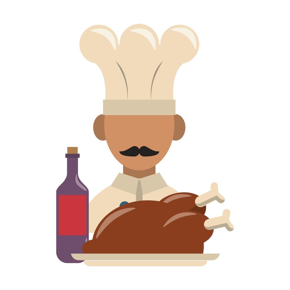 avatar de chef de cuisine et de nourriture de restaurant avec poulet rôti et bouteille avec des dessins animés d'icône de vin vector illustration graphisme