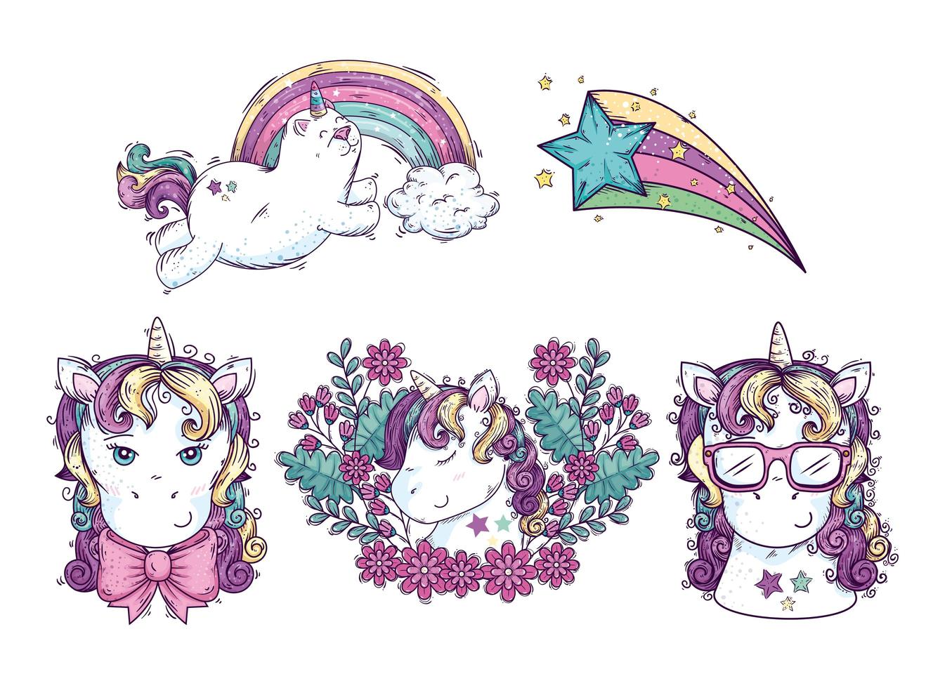 collection de têtes mignonnes de licorne avec étoile filante vecteur