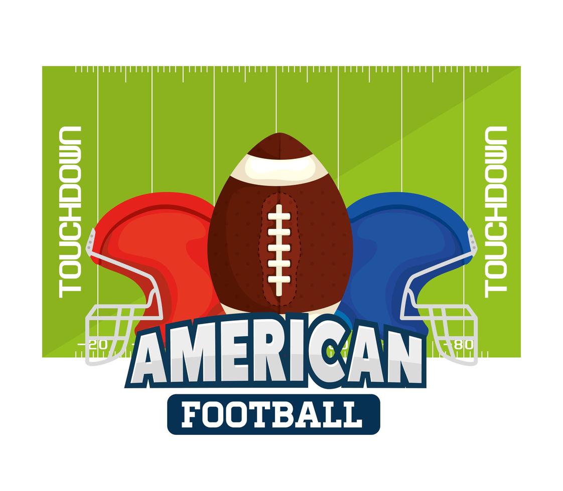 affiche de football américain avec ballon et casques dans le champ vecteur