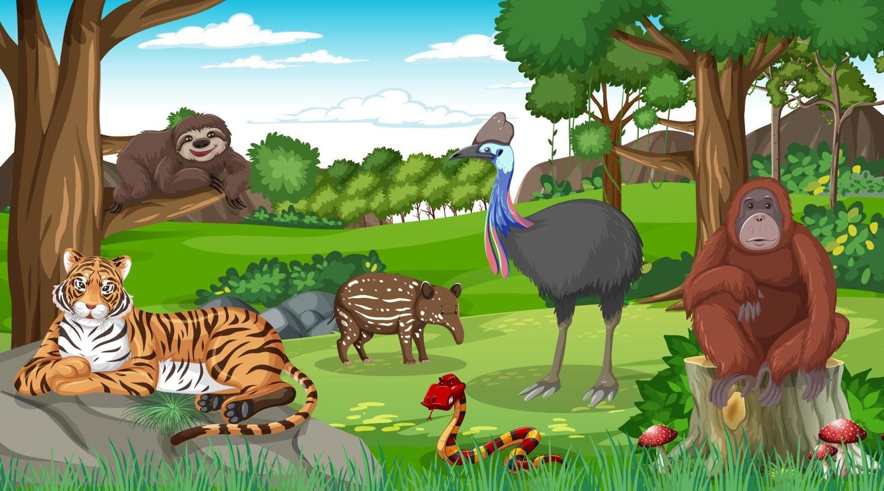 animaux sauvages dans une scène de forêt avec de nombreux arbres vecteur