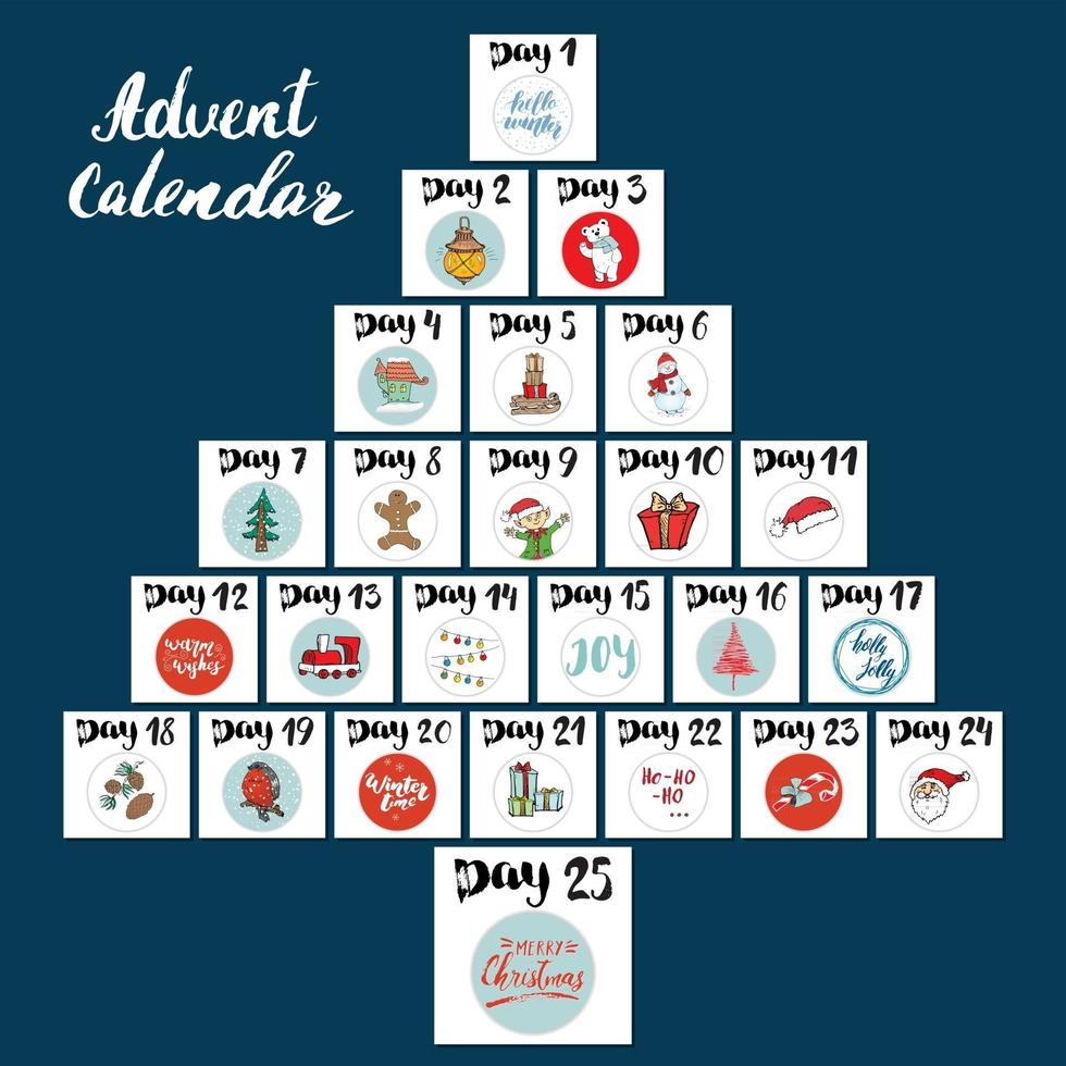 calendrier de l'Avent de Noël. éléments et nombres dessinés à la main. cartes de calendrier de vacances hiver scénographie, illustration vectorielle vecteur