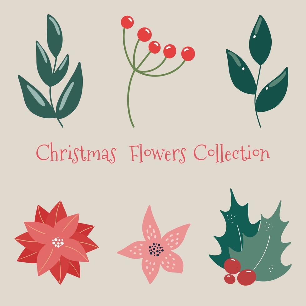 collection florale de noël avec des plantes et des fleurs décoratives d'hiver mignonnes dessinées à la main dans un style scandinave illustration de baies d'hiver et de branches d'un arbre de noël vecteur