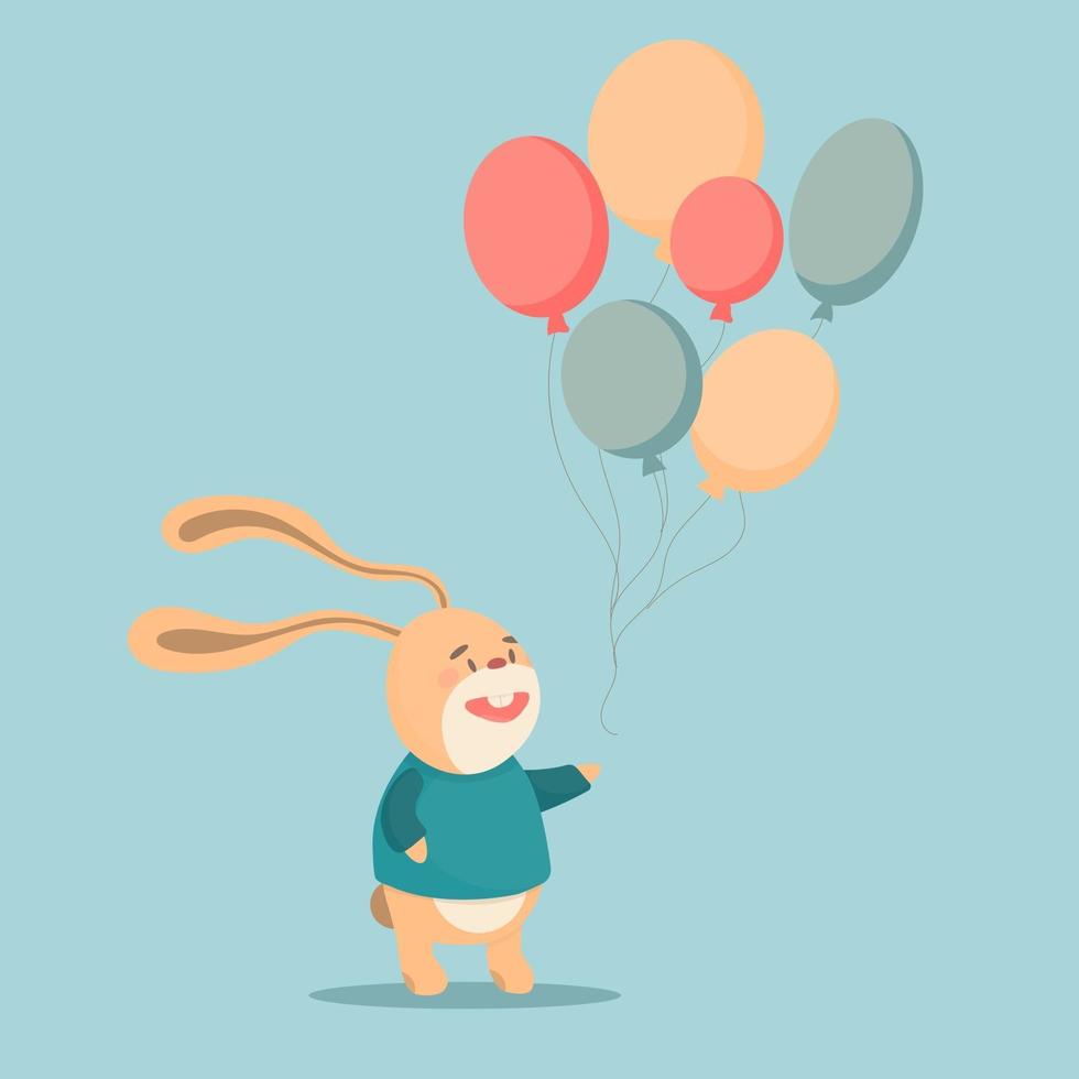 lapin de dessin animé avec des illustrations vectorielles de ballons sur fond turquoise pastel. conception de bannière, cartes postales, emballage. vecteur