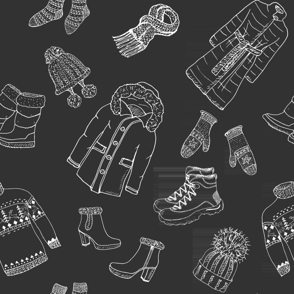 saison d'hiver doodle modèle sans couture de vêtements. éléments de croquis dessinés à la main chaussettes chaudes, gants et chapeaux. illustration de fond de vecteur rayé.