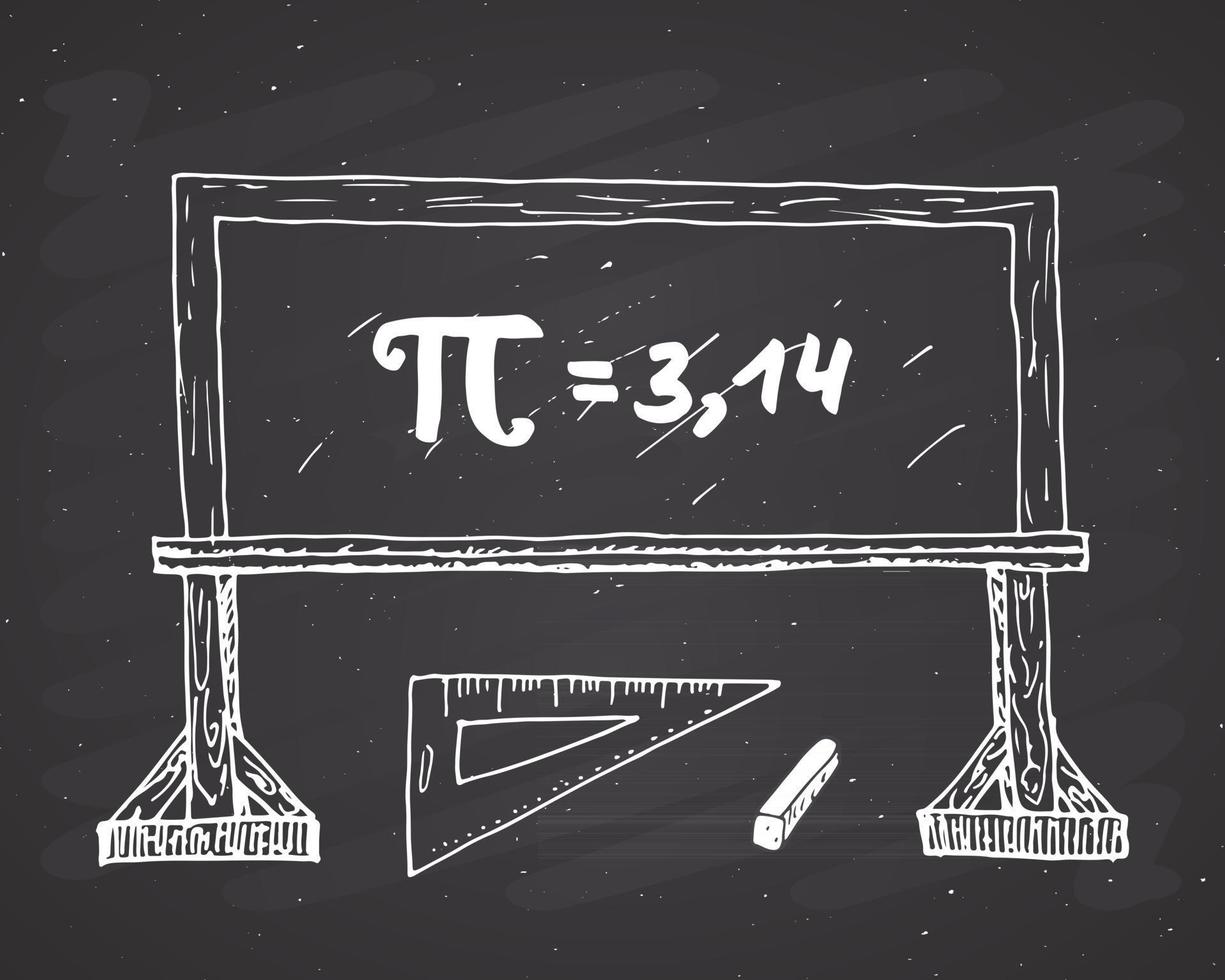 Pi symbole icône dessinée à la main, signe mathématique calligraphique grunge sur l'illustration vectorielle de l'école blakboard vecteur