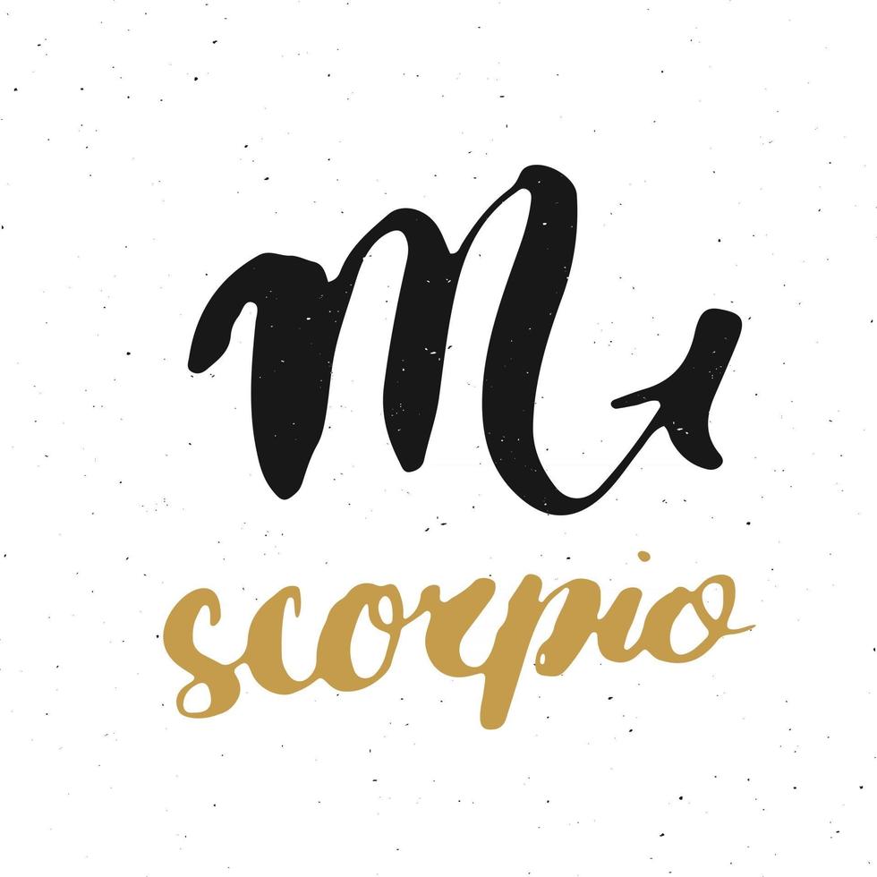 signe du zodiaque scorpion et lettrage. symbole de l'astrologie horoscope dessiné à la main, conception texturée grunge, impression de typographie, illustration vectorielle vecteur