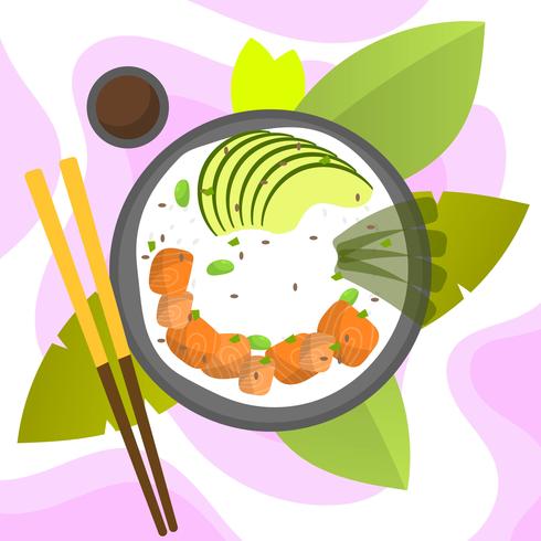 Bol de poke plat moderne avec illustration vectorielle de saumon et d'avocat vecteur