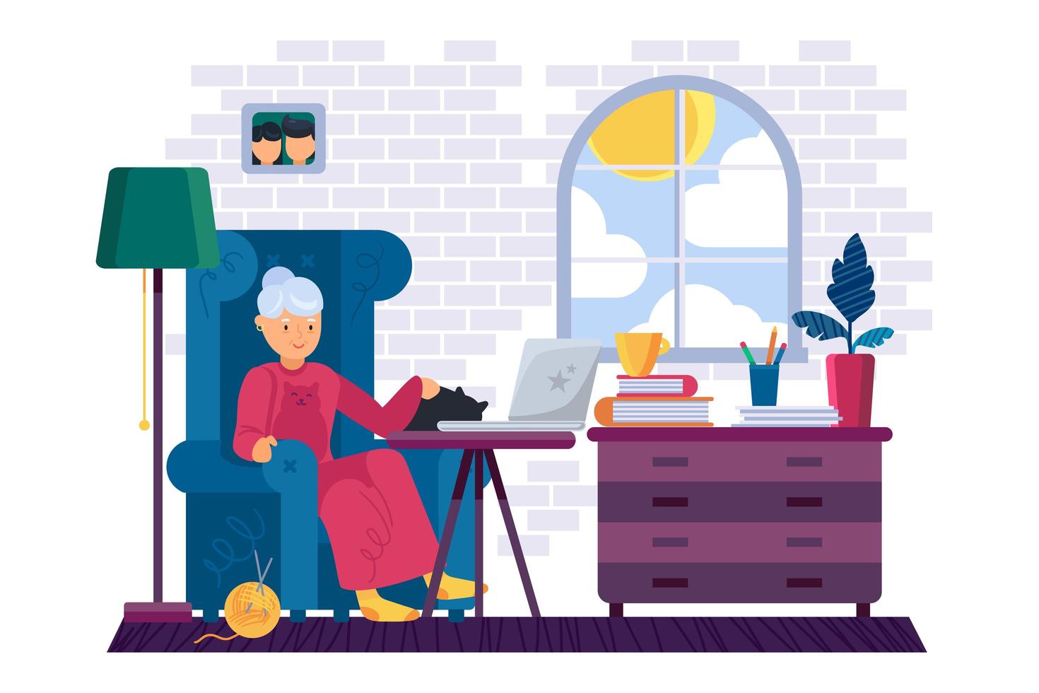grand-mère travaillant sur un ordinateur portable à la maison vecteur. grand-mère assise dans un fauteuil, caressant un animal domestique de chat et regardant une vidéo ou parlant avec sa famille sur un ordinateur portable illustration de dessin animé plat vecteur