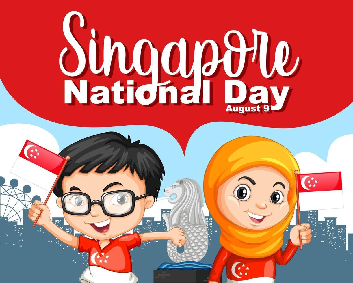 la bannière de la fête nationale de singapour avec des enfants tient le personnage de dessin animé du drapeau de singapour vecteur