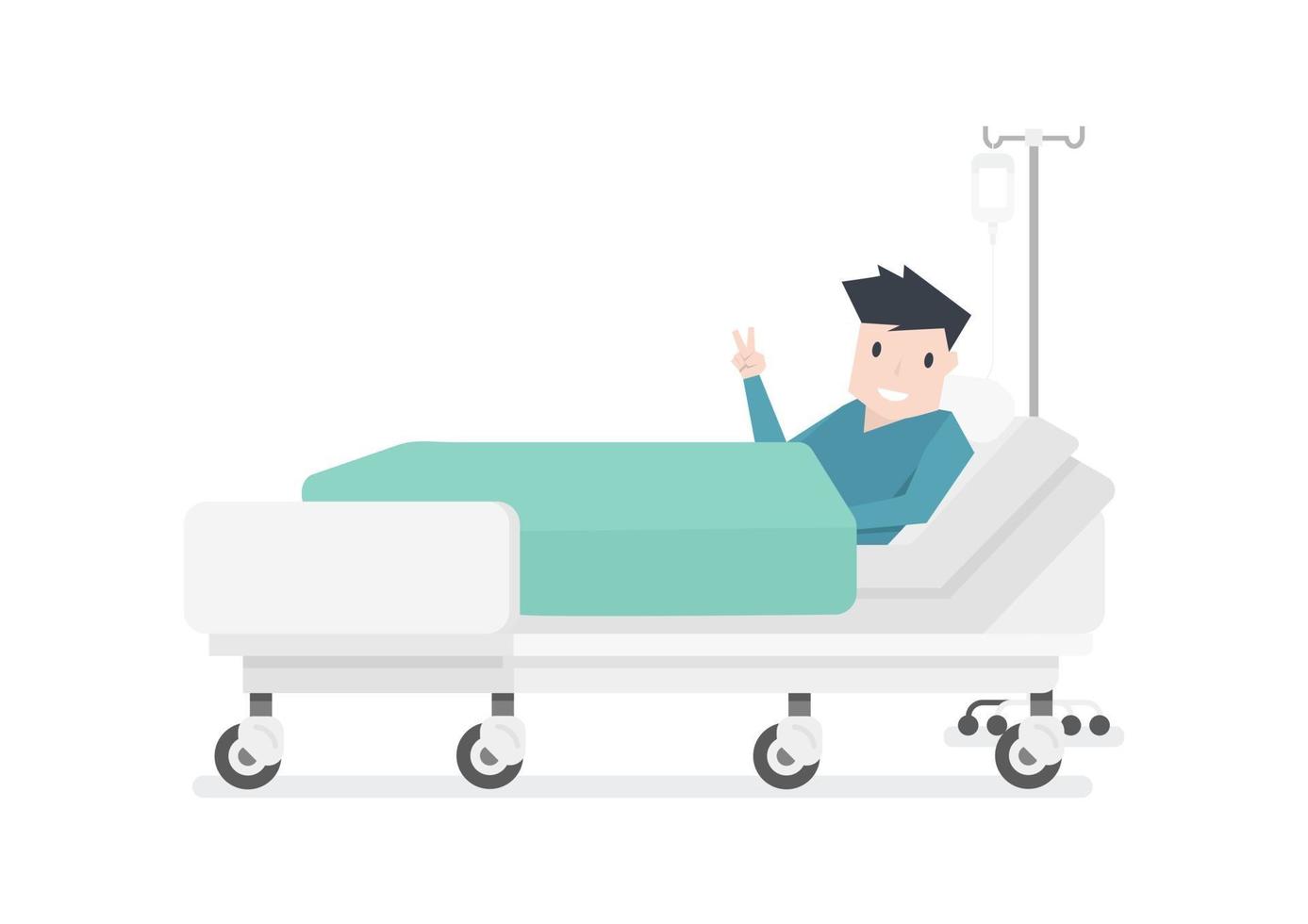 le patient de sexe masculin était allongé sur le lit d'hôpital, levant les mains avec deux doigts. vecteur