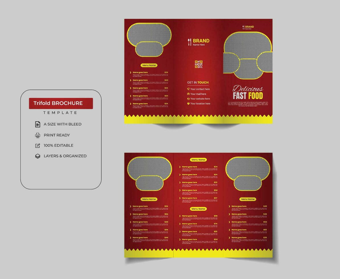 Créatif restaurant nourriture un service à trois volets menu brochure conception modèle vecteur