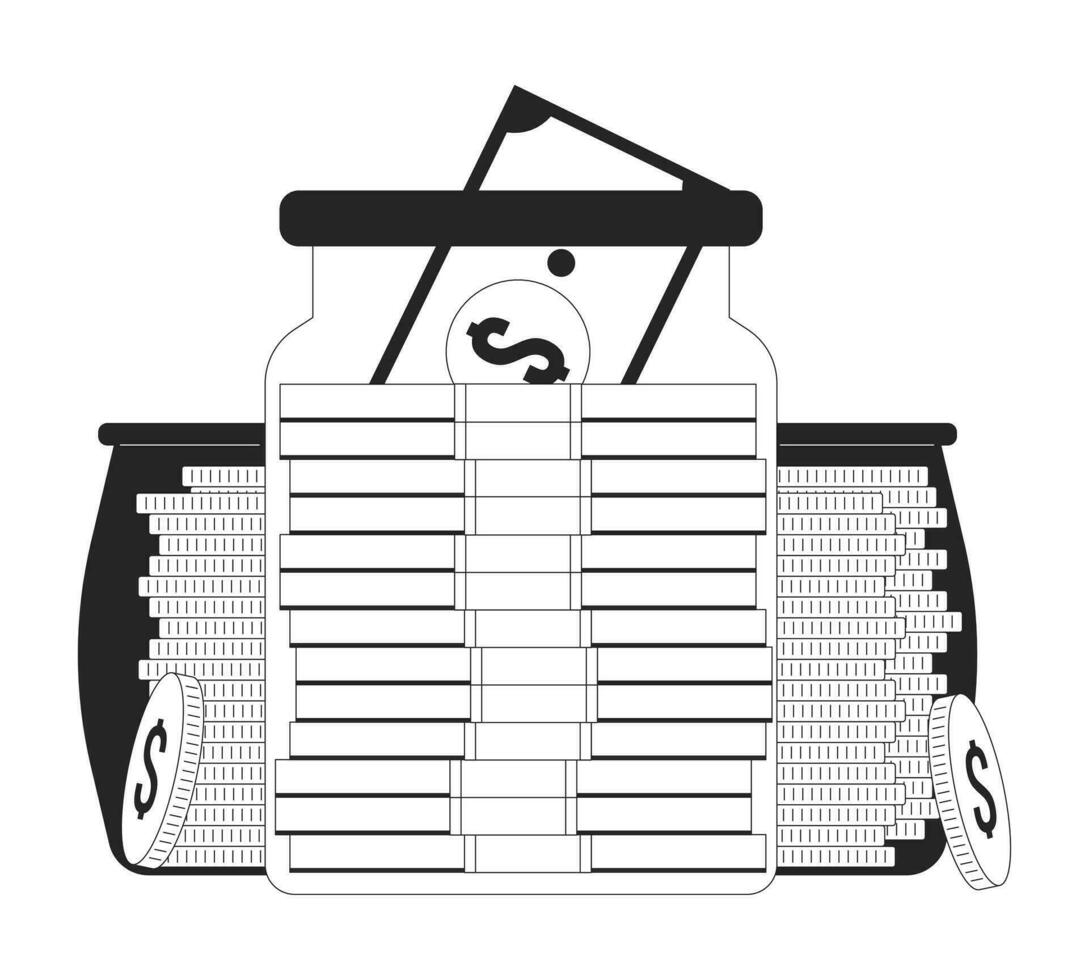 des économies plat monochrome isolé vecteur objet. en espèces et pièces de monnaie dans verre pot. argent accumulation. modifiable noir et blanc ligne art dessin. Facile contour place illustration pour la toile graphique conception