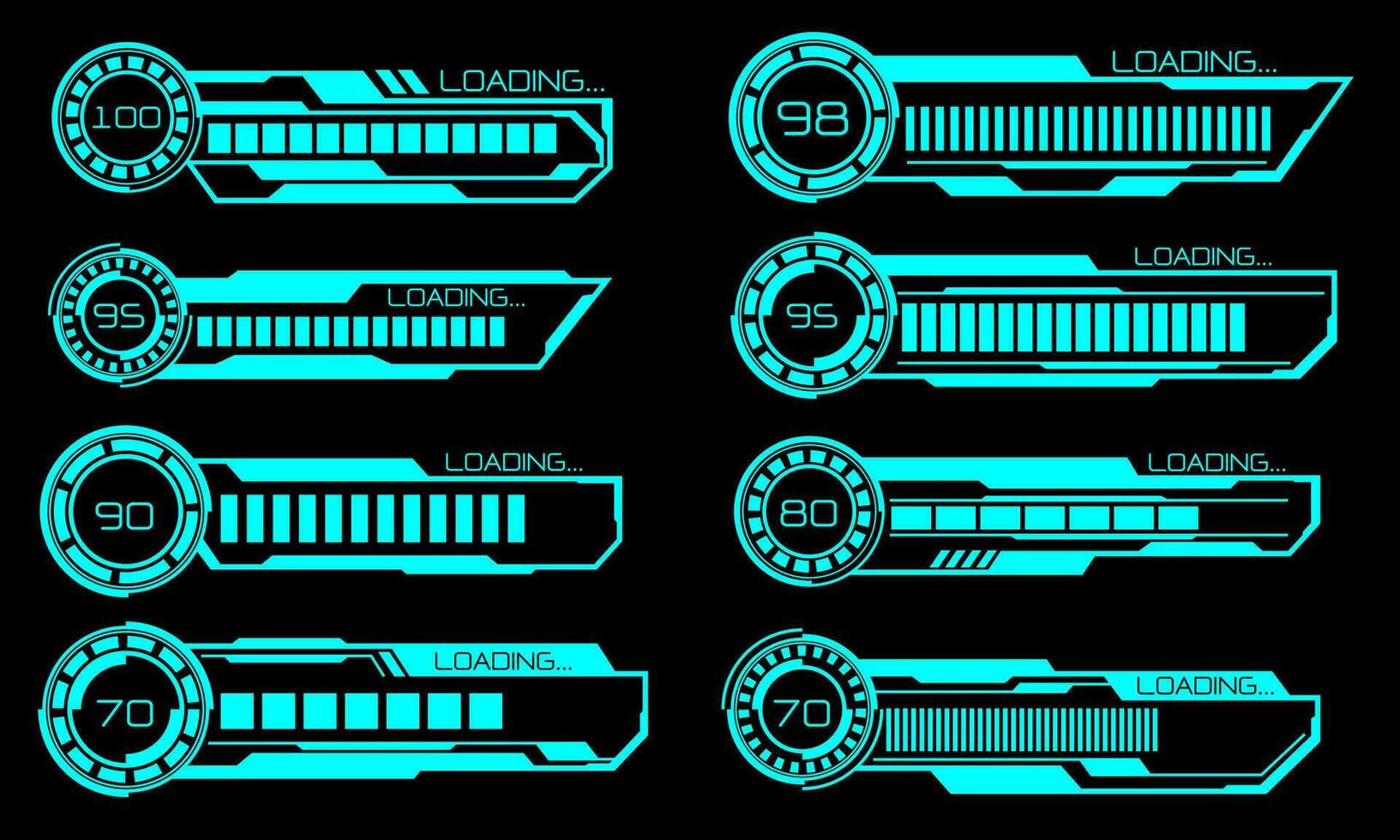 ensemble de hud moderne chargement le progrès bars utilisateur interface éléments conception La technologie cyber bleu sur noir futuriste vecteur