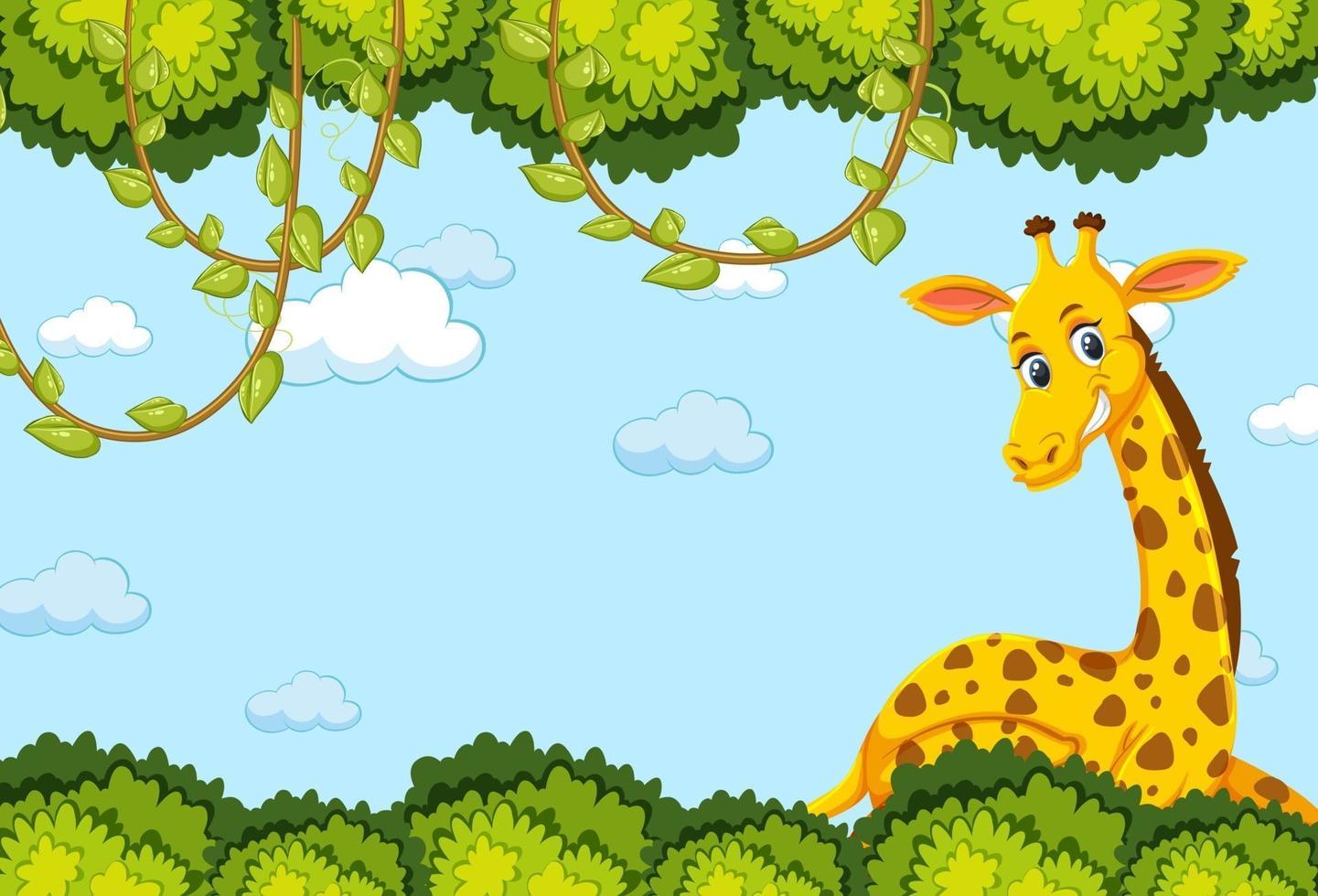 personnage de dessin animé de girafe avec cadre de feuilles de forêt vecteur