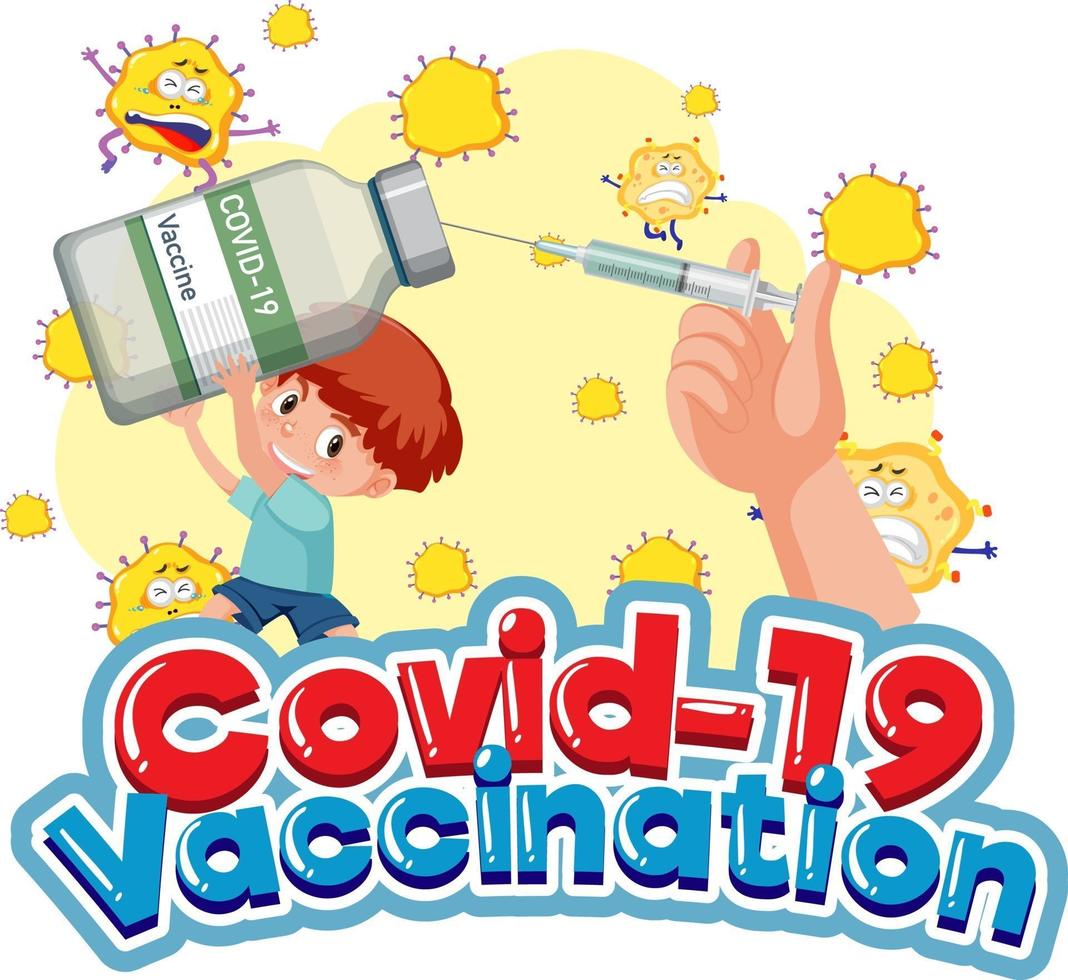 vaccination contre le coronavirus avec un garçon tenant une bouteille de vaccin covid-19 vecteur