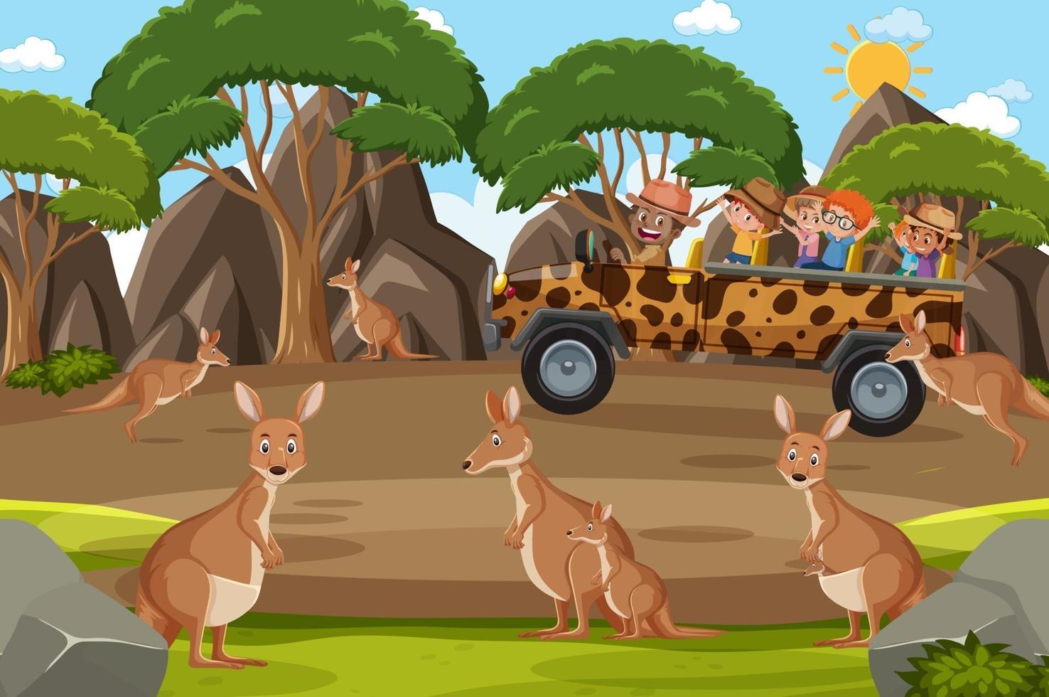 Scène de safari avec des enfants sur une voiture de tourisme en regardant un groupe de kangourous vecteur