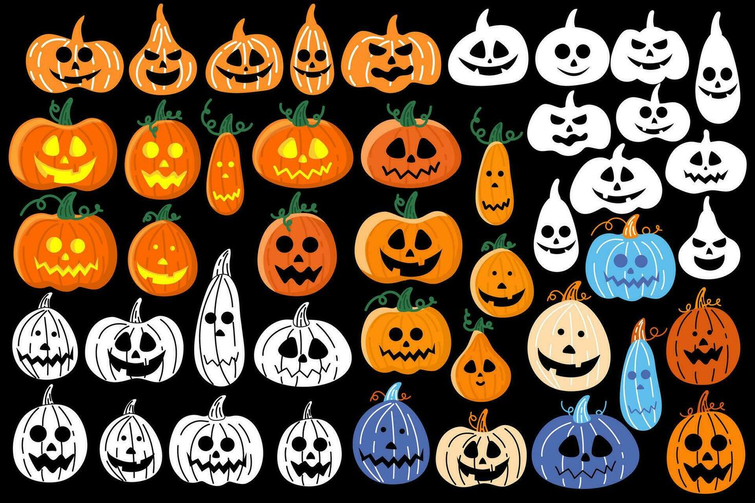 une grand ensemble de citrouilles pour Halloween dans différent modes sont isolé. mignonne citrouilles avec différent visages et différent couleurs, vacances décorations. marrant horrible citrouilles. vecteur