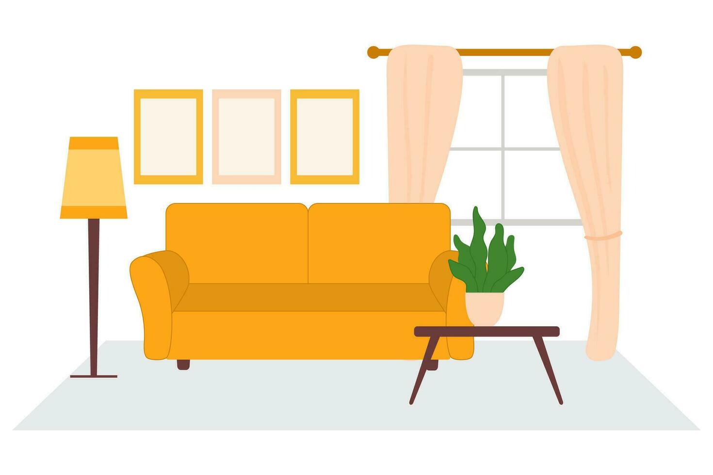 vecteur intérieur de le loger, chambre, canapé, peintures, lampe, tableau. le élégant intérieur de le vivant pièce avec une fenêtre dans chaud couleurs est isolé sur blanche.