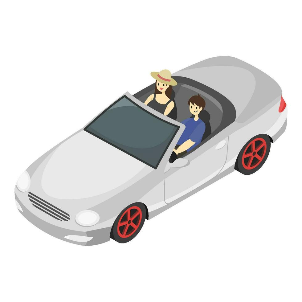 Célibataire de couple Aller sur route voyage avec blanc argent cabriolet voiture avec beaucoup bagage sac, Voyage avec amoureux dans vacances été voyage, isométrique vue de cabriolet voiture plat Couleur illustration vecteur. vecteur