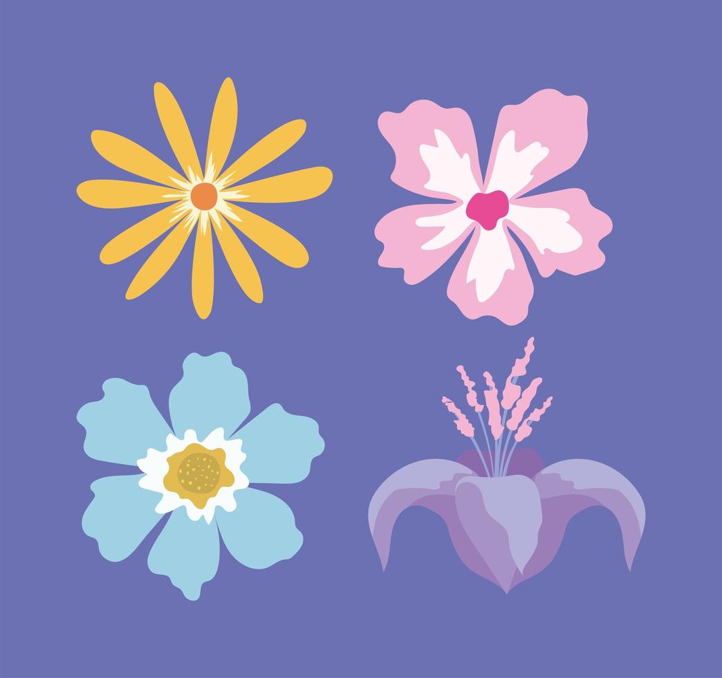 ensemble de fleurs sur fond violet vecteur