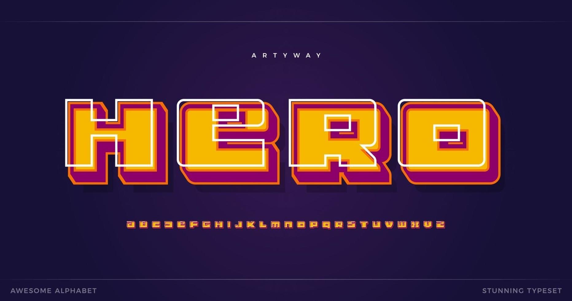 alphabet de super-héros. police de style ancien 3d de dessin animé, type d'ombre colorée pour le logo de super-héros moderne, titre et lettrage créatif. lettres géométriques audacieuses avec contraste inversé, vecteur typographique de