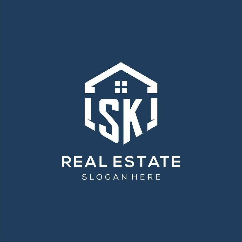 lettre sk logo pour réel biens avec hexagone style vecteur