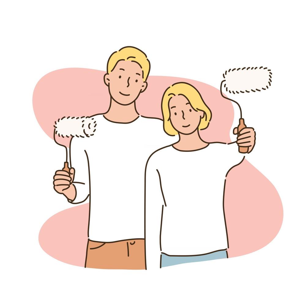 un couple se tient debout avec un rouleau à peinture dans les mains. illustrations de conception de vecteur de style dessinés à la main.