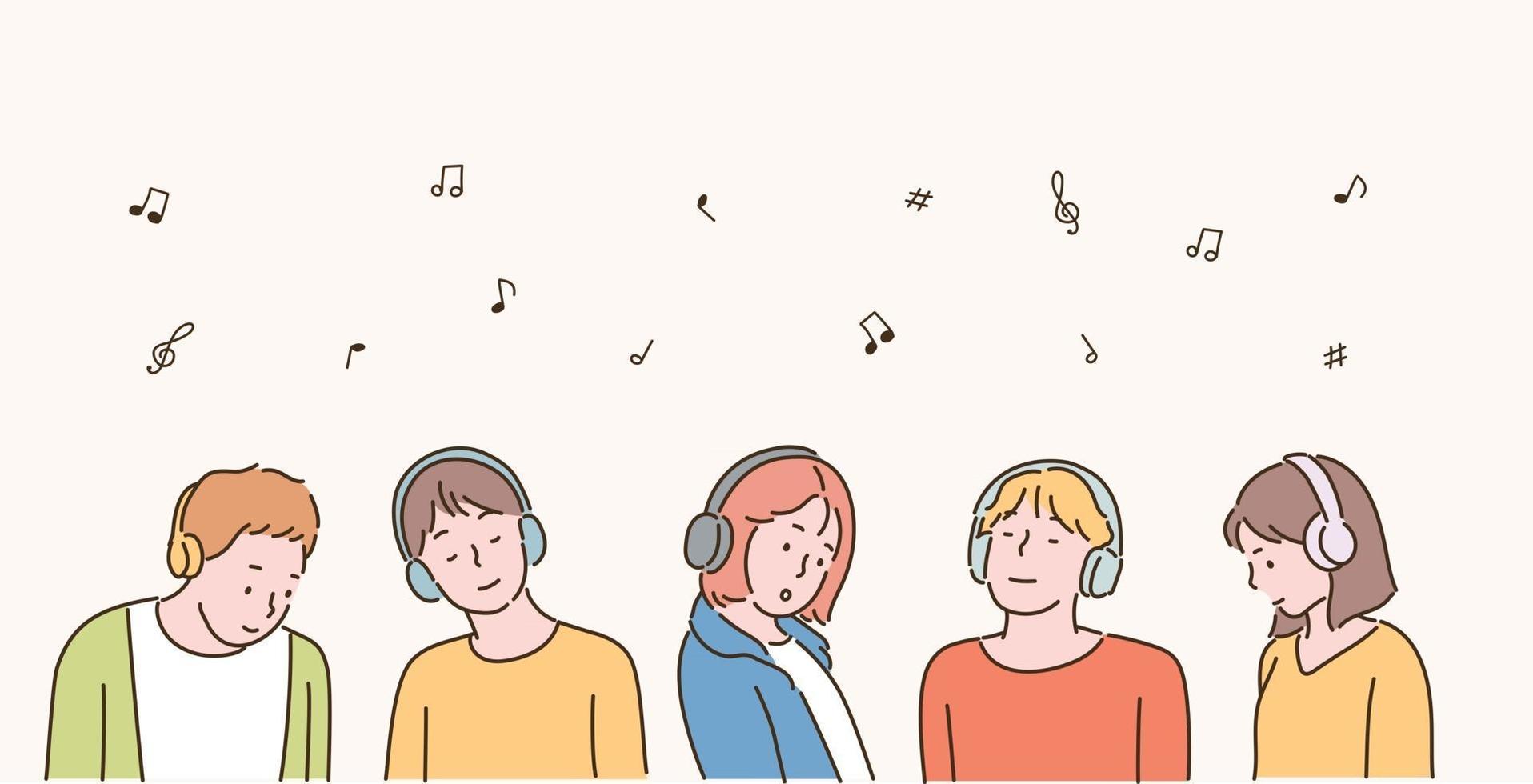 les gens portent des casques et écoutent de la musique. illustrations de conception de vecteur de style dessinés à la main.