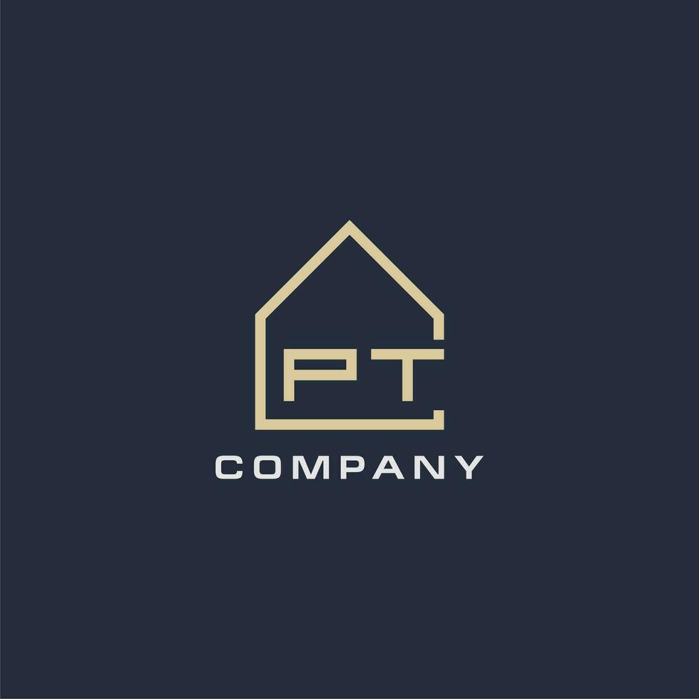 initiale lettre pt réel biens logo avec Facile toit style conception des idées vecteur