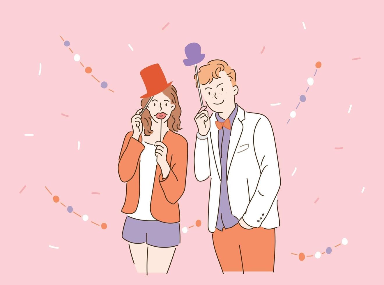 couple faisant la fête. tenant une illustration de chapeau mignon. illustrations de conception de vecteur de style dessinés à la main.