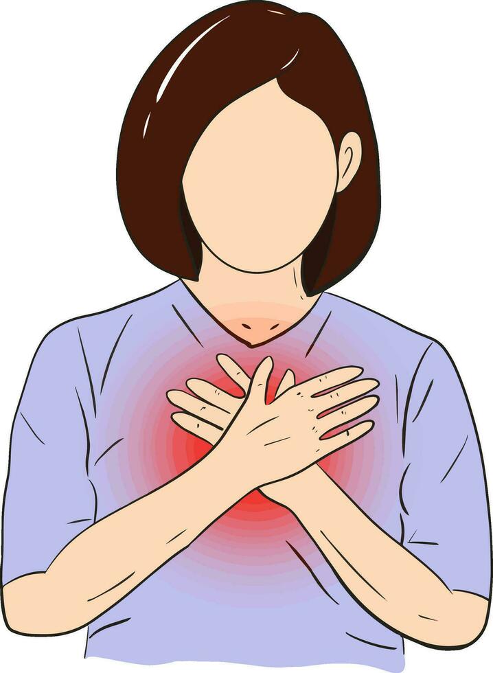 main tiré dessin animé illustration de une femelle émouvant une cœur combats poitrine douleur et Souffrance de cœur maladie et cœur attaque. vecteur