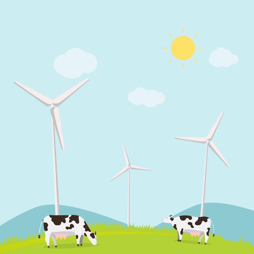 paysage naturel avec des vaches et des éoliennes vector illustration.animal avec prairie et montagnes en été. concept d'écologie de scène rurale