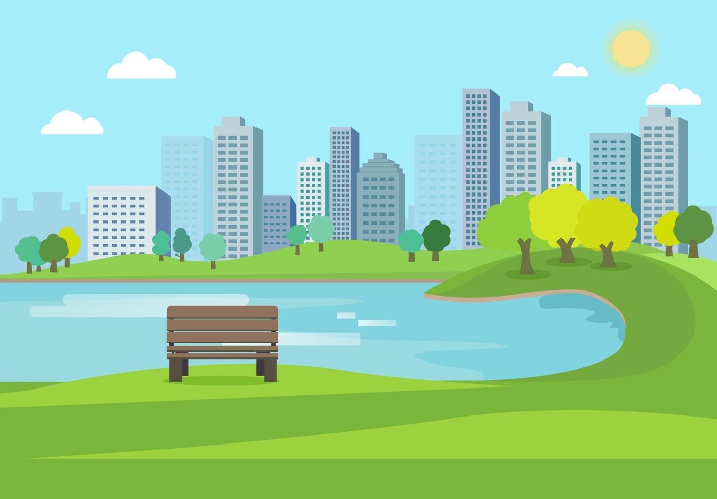 parc public nature paysage avec ville background.nature scène avec banc dans city.lake in town.urban avec printemps meadow.lake park summer.vector illustration vecteur