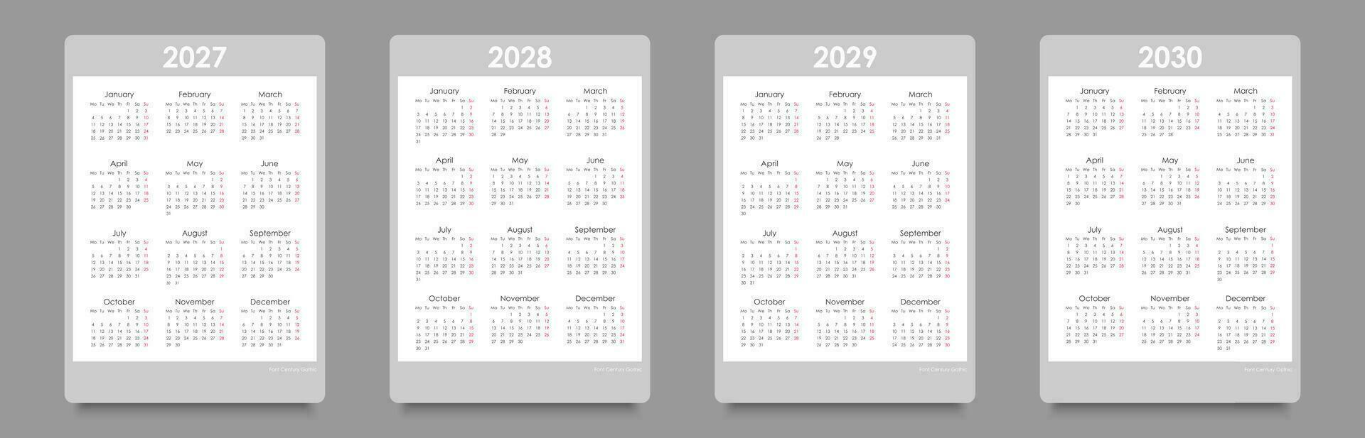 calendrier pour 2027, 2028, 2029, 2030. la semaine départs sur lundi, verticale arrangement, noir et blanc, Anglais vecteur