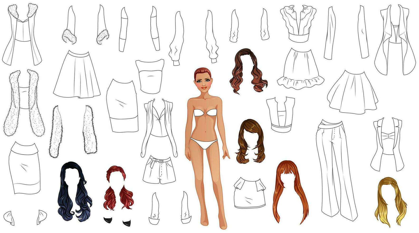 richesse mode coloration page papier poupée avec mignonne dessin animé femelle personnage, vêtements et coiffures. vecteur illustration