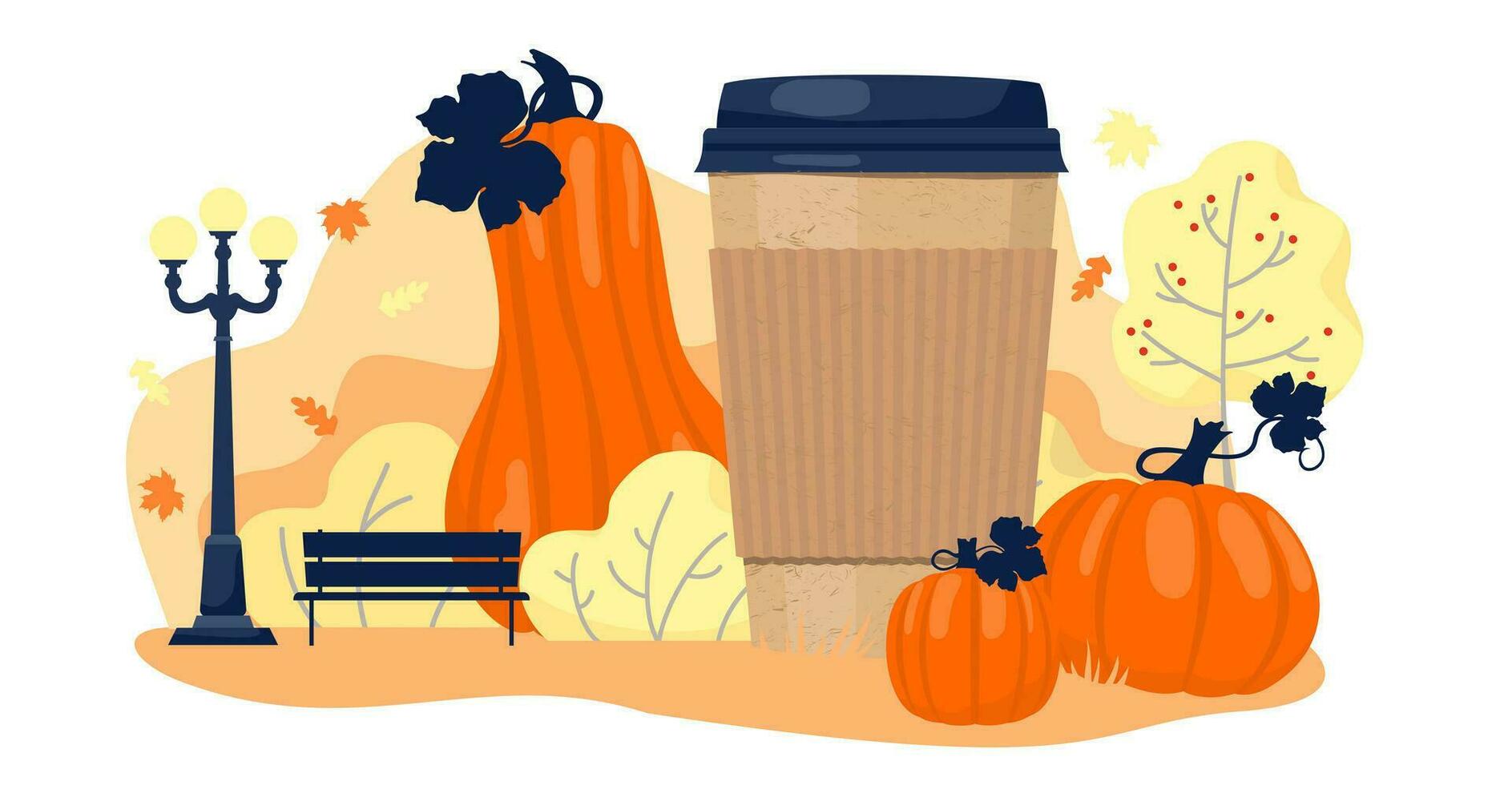 papier tasse avec citrouille latté dans un l'automne parc. illustré vecteur élément.