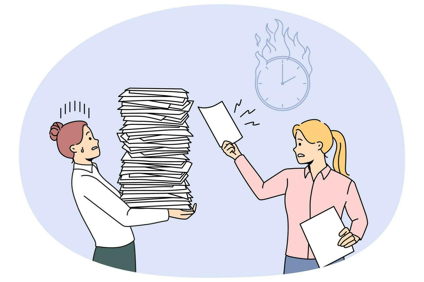 femme d'affaires donne plus de travail à une employée stressée avec une pile de papiers. chef de bureau submergé de paperasse. burn-out et fatigue. illustration vectorielle. vecteur