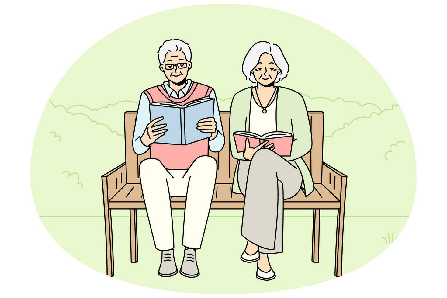 joyeux couple mature assis sur un banc dans un pack de lecture de livres. un vieil homme et une femme souriants se détendent à l'extérieur et apprécient la littérature. maturité heureuse et passe-temps. illustration vectorielle. vecteur