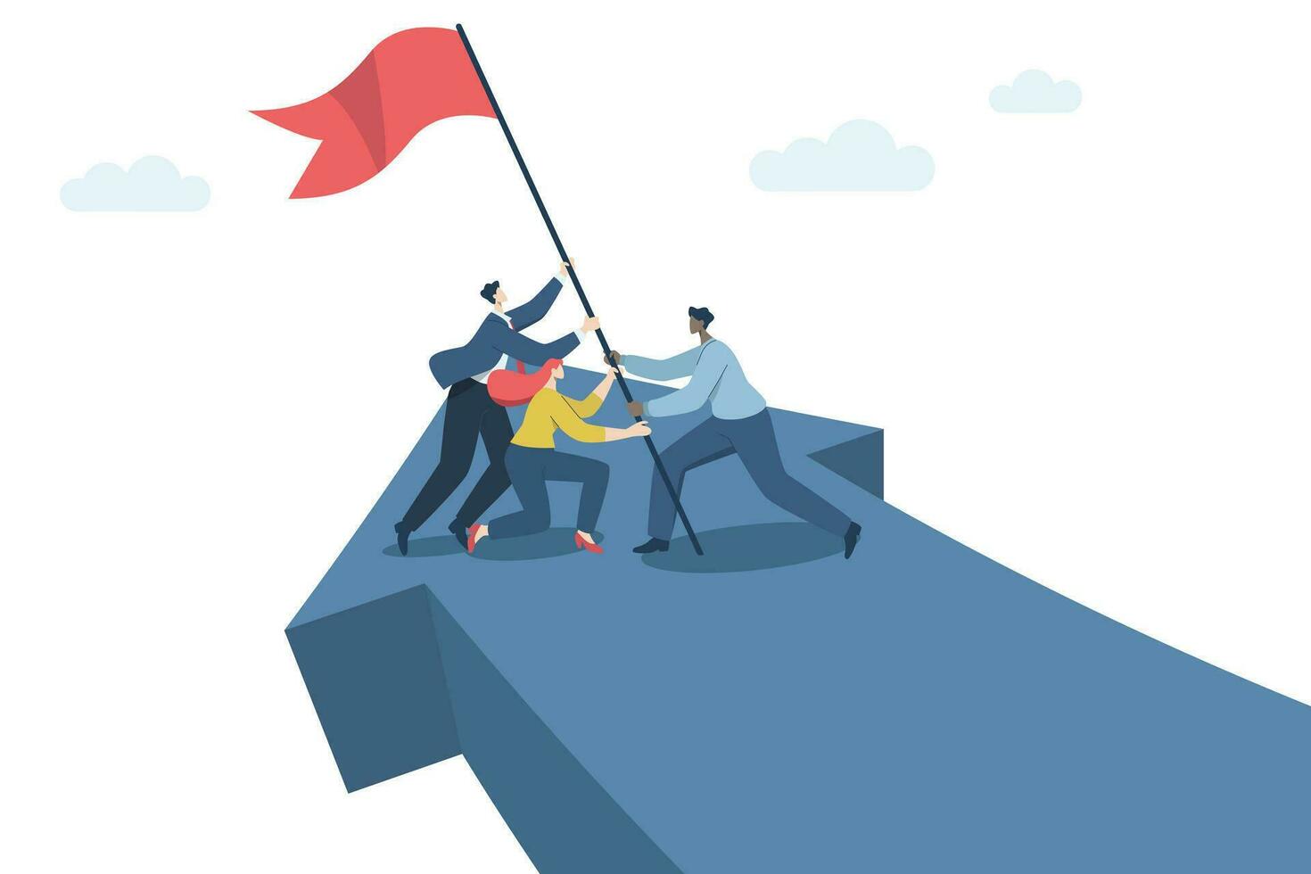 fort travail en équipe de premier plan à Succès pour organisations, affaires gens travail comme une équipe ou les partenaires portion à élever le drapeau de la victoire. vecteur conception illustration.