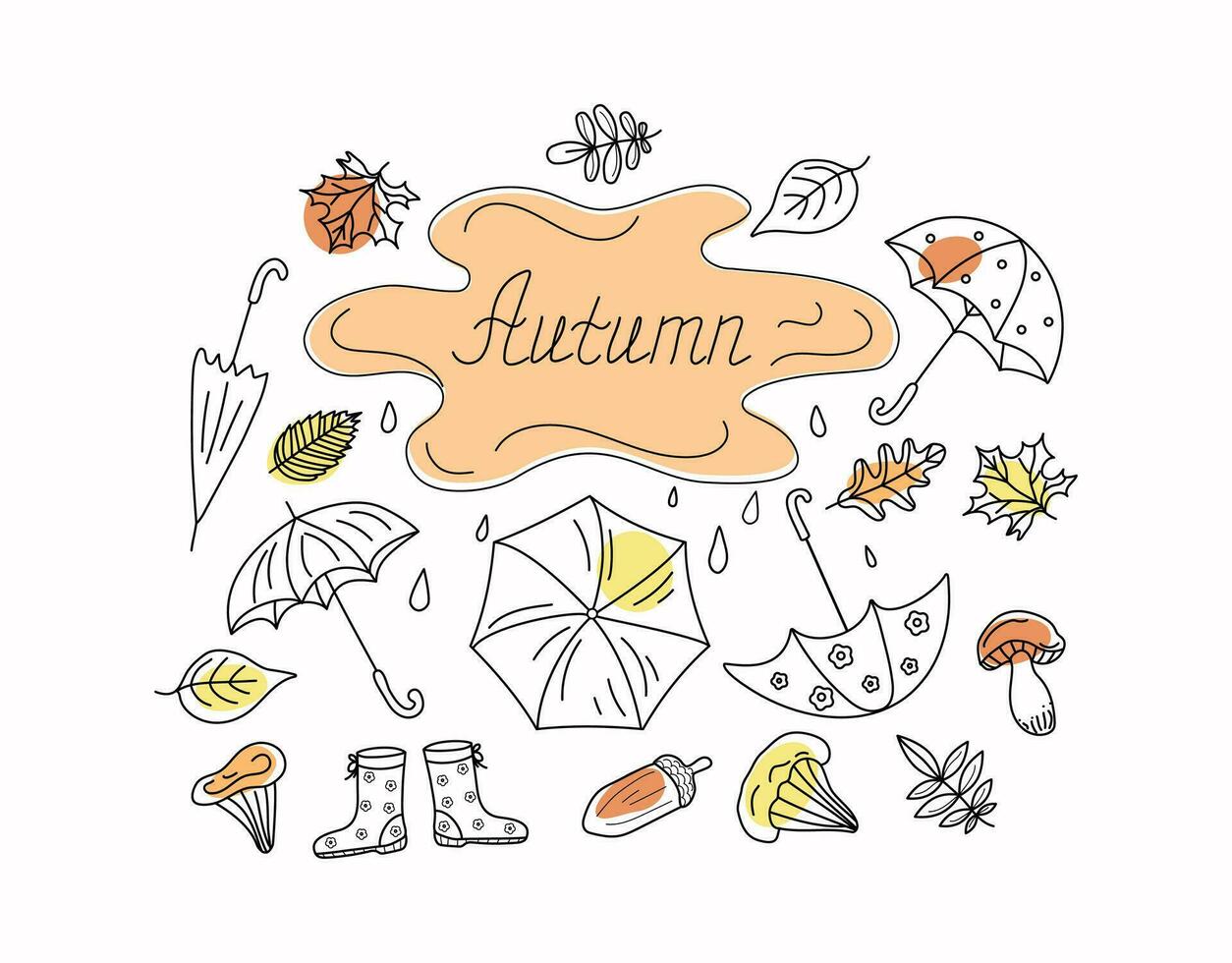 l'automne ensemble de parapluies, feuilles, champignons, caoutchouc bottes. pluie, feuille automne. griffonnage style vecteur illustration. contour dessins. Contexte blanc isolé.