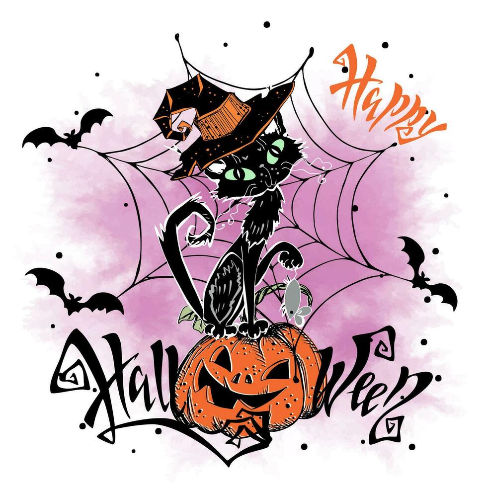 une Halloween salutation carte. une noir chat dans une sorcière chapeau avec une citrouille. vecteur