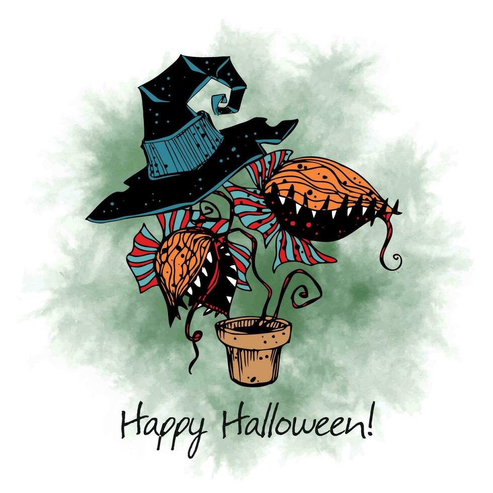 une Halloween salutation carte. le prédateur plante est une moucherolle dans une sorcière c'est chapeau . vecteur