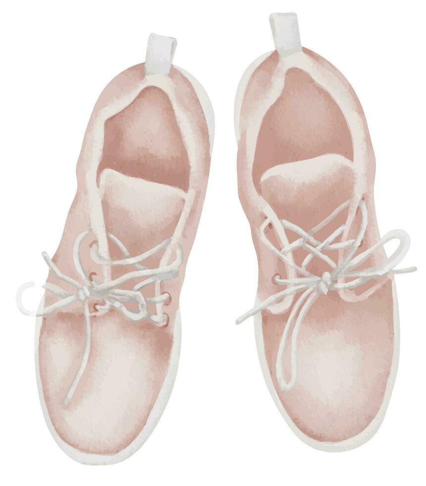 baskets Haut voir. main tiré aquarelle illustration de fonctionnement et des sports des chaussures sur blanc isolé Contexte. dessin de rose formateurs pour icône ou agrafe art. esquisser de aux femmes le jogging chaussure vecteur